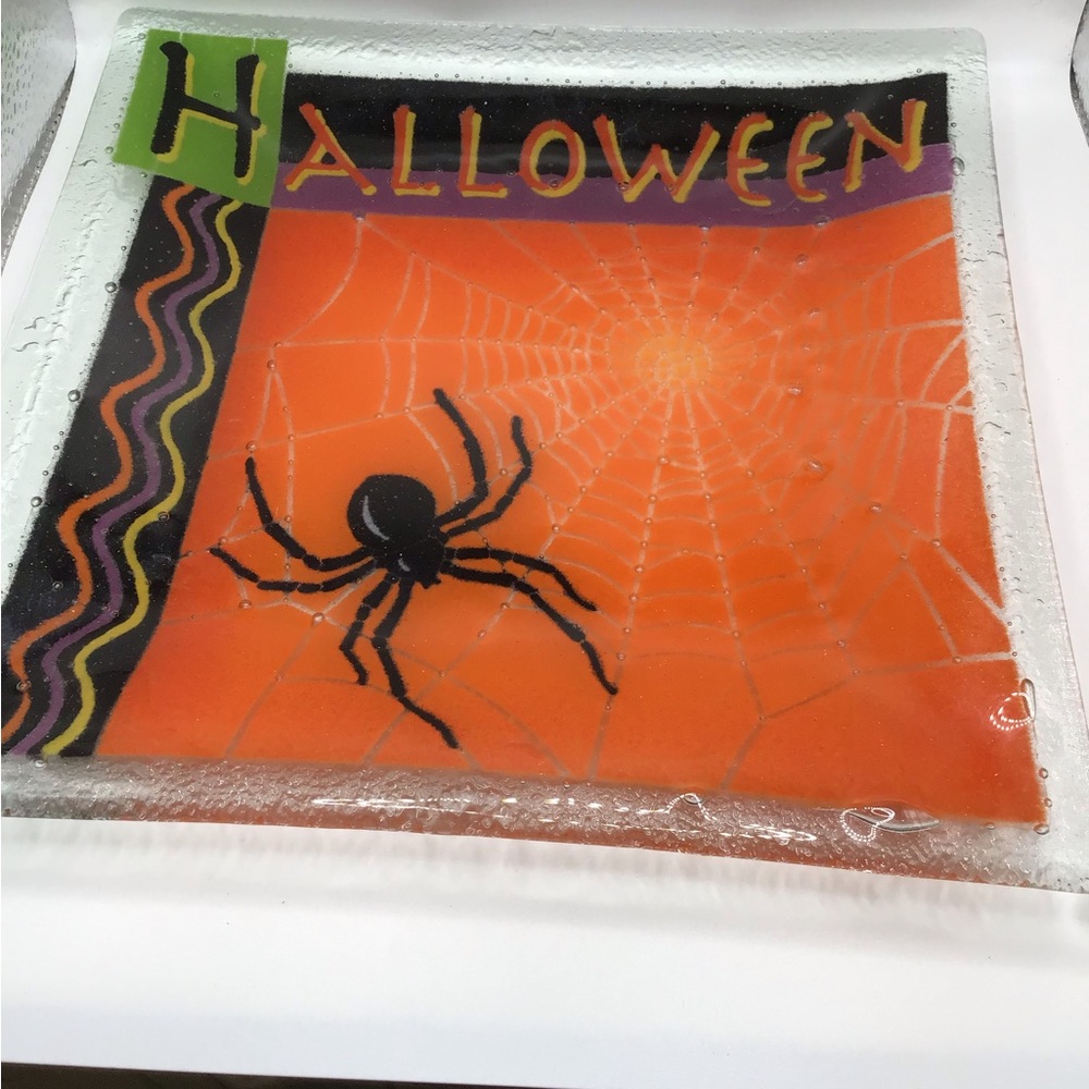 Peggy Karr Glass 10” Square In Halloween Design Serving Platter Handmade